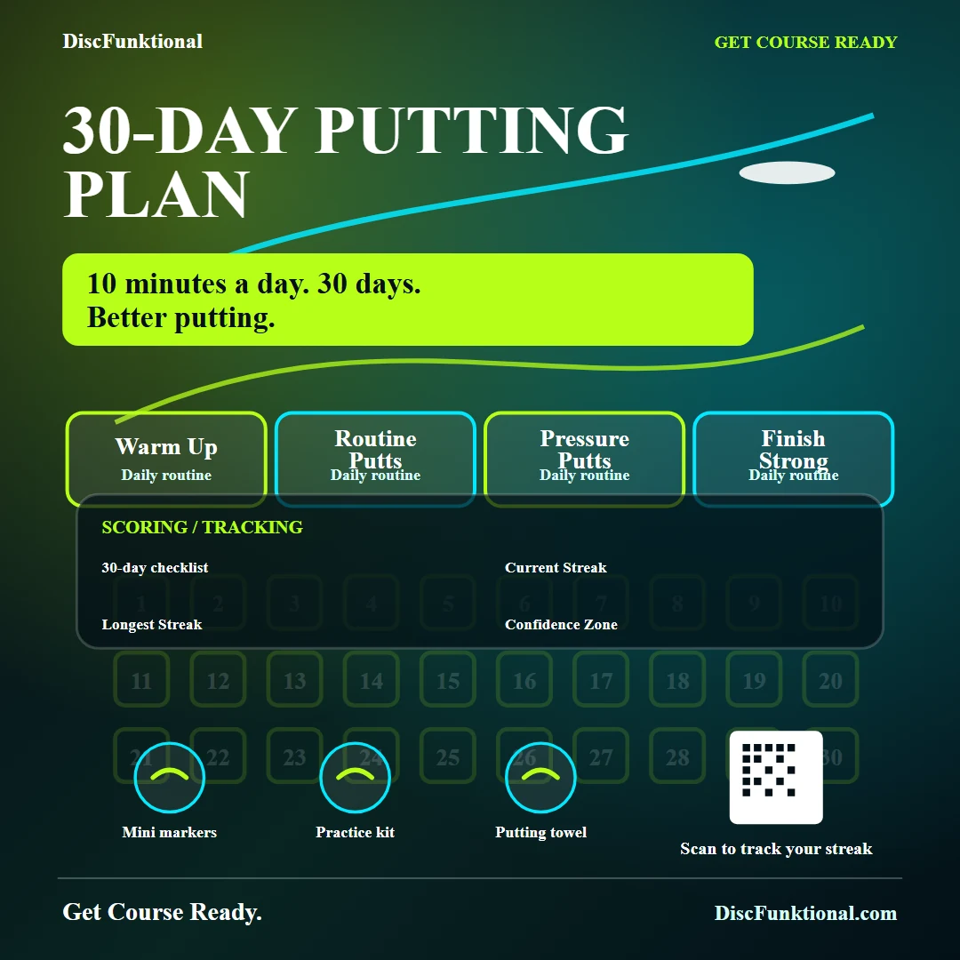 DiscFunktional 30 day disc golf putting plan poster with a 30-day checklist, daily putting routine, and practice tracker.