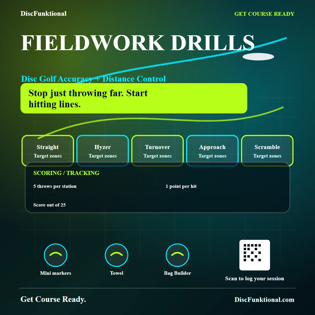 DiscFunktional disc golf fieldwork drills poster with target zones, shot-shaping stations, and accuracy scoring rules.