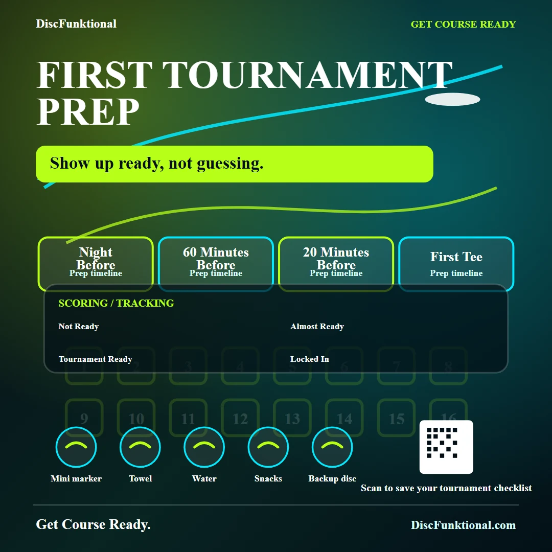DiscFunktional disc golf tournament checklist poster for First Tournament Prep with warmup timeline and gear essentials.