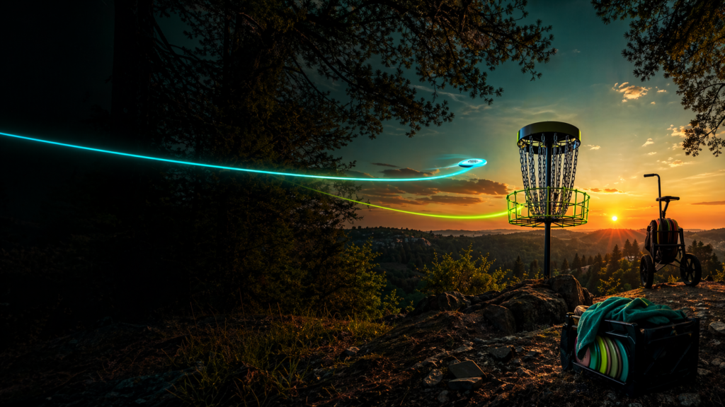 Disc golfer throwing through a wooded Auburn-style fairway with DiscFunktional gear colors