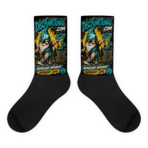 “Represent Different” Gnome Socks – black foot sublimated socks flat