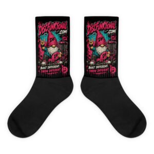 “Built Different” Gnome Socks – black foot sublimated socks flat
