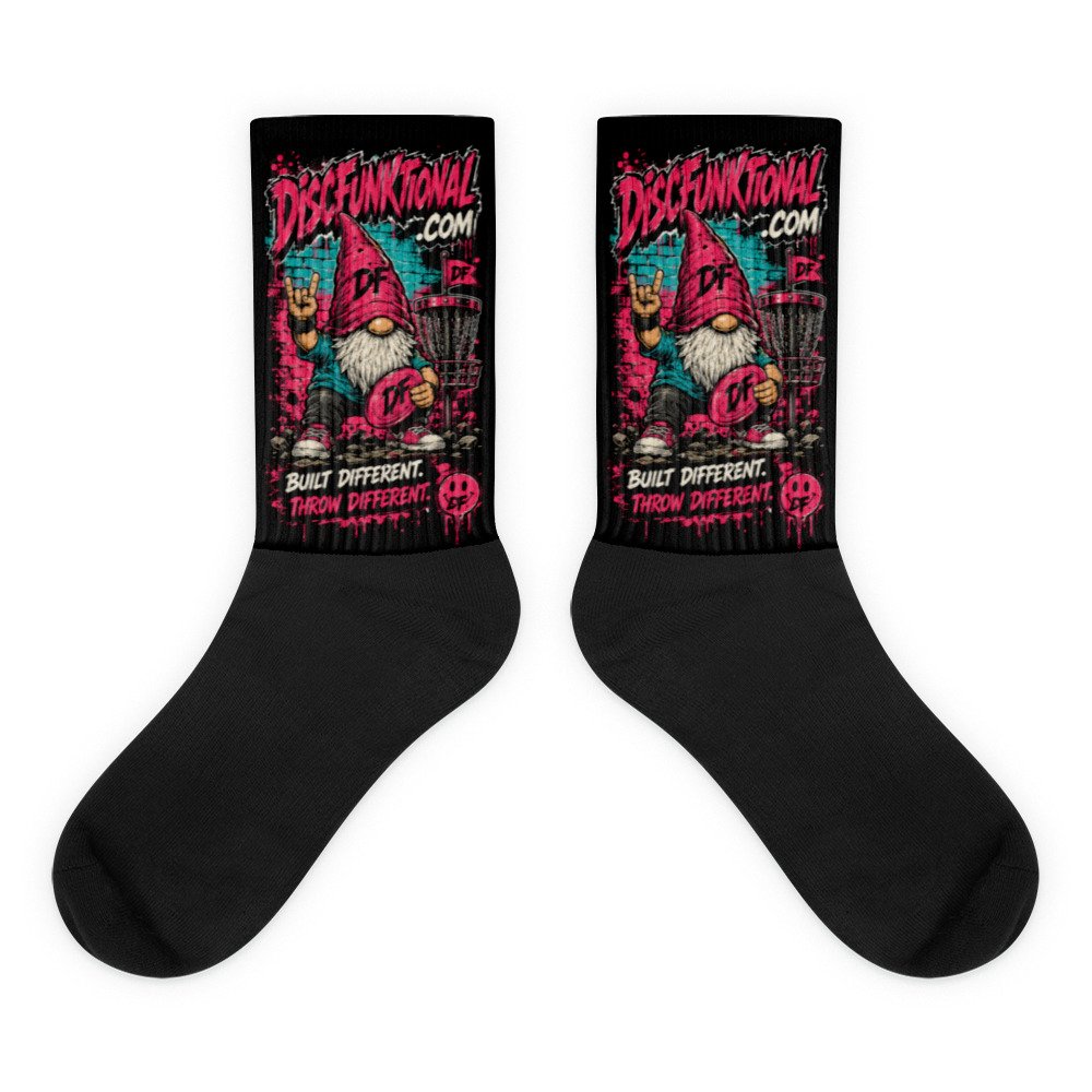 “Built Different” Gnome Socks – black foot sublimated socks flat