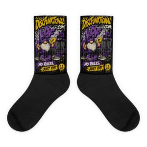“No Rules. Just Rip.” Gnome Socks – black foot sublimated socks flat