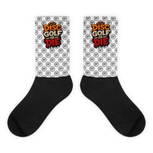 Disc Golf Or Die Socks – black foot sublimated socks flat