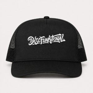 Front of black trucker hat with black-and-white DiscFunktional artwork
