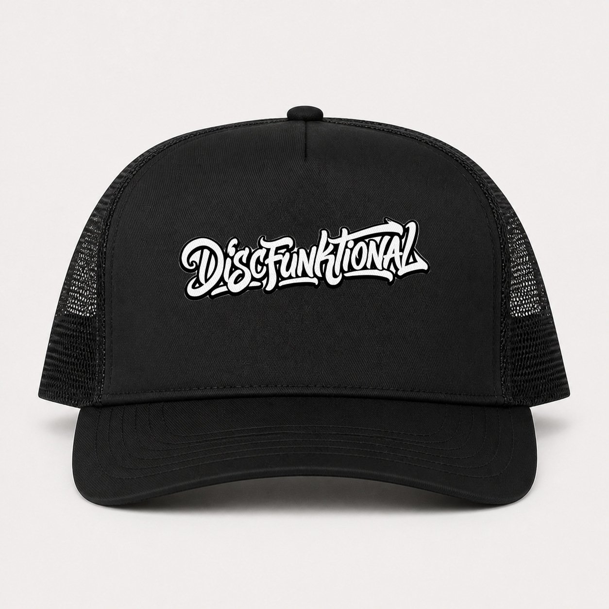 Front of black trucker hat with black-and-white DiscFunktional artwork