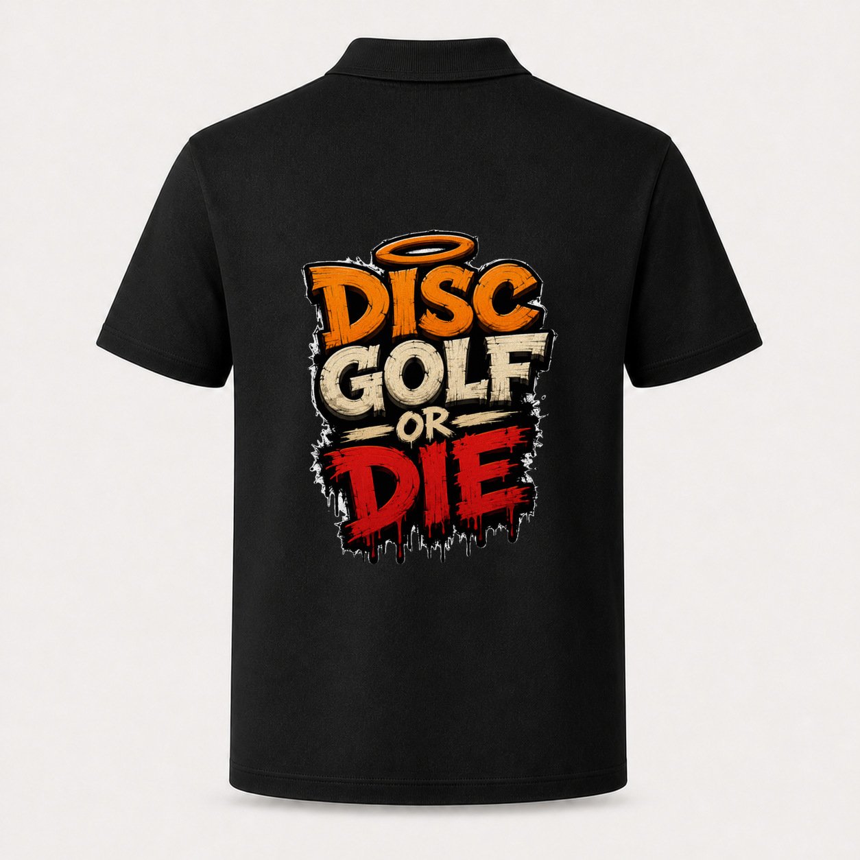 Back of black polo with orange, cream, and red Disc Golf or Die artwork