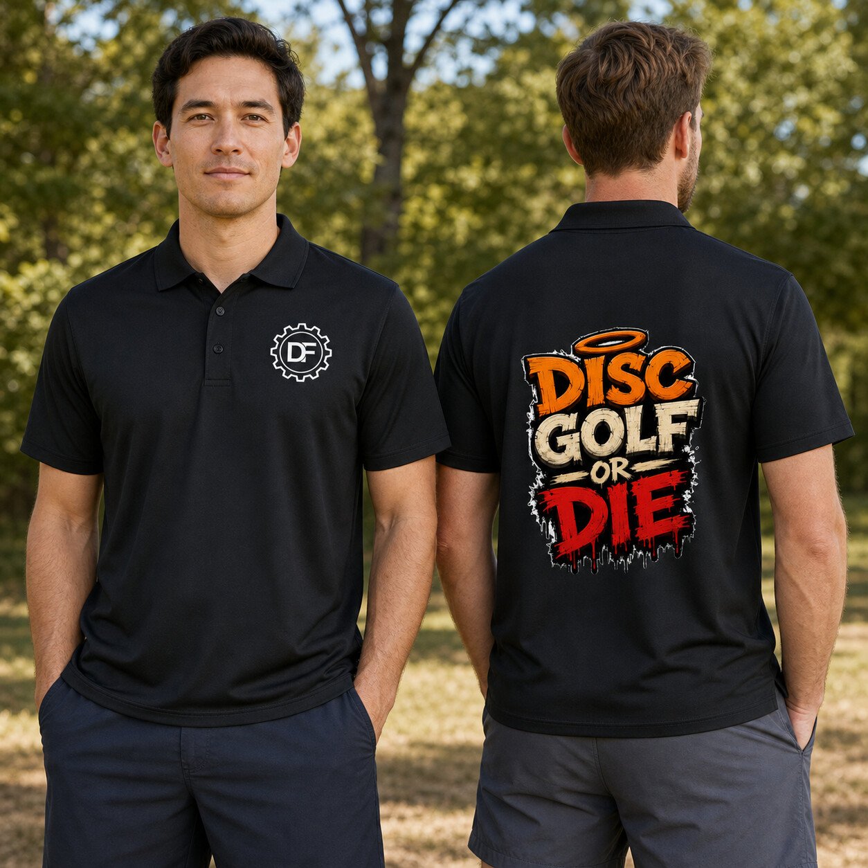 Two adult models wearing the DF Gear and Disc Golf or Die black polo, shown from front and back