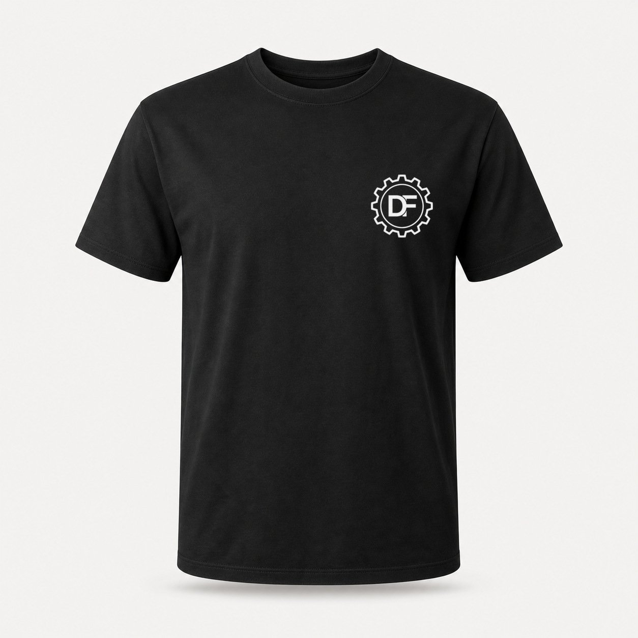 Front of black T-shirt with white DF Gear artwork at the left chest