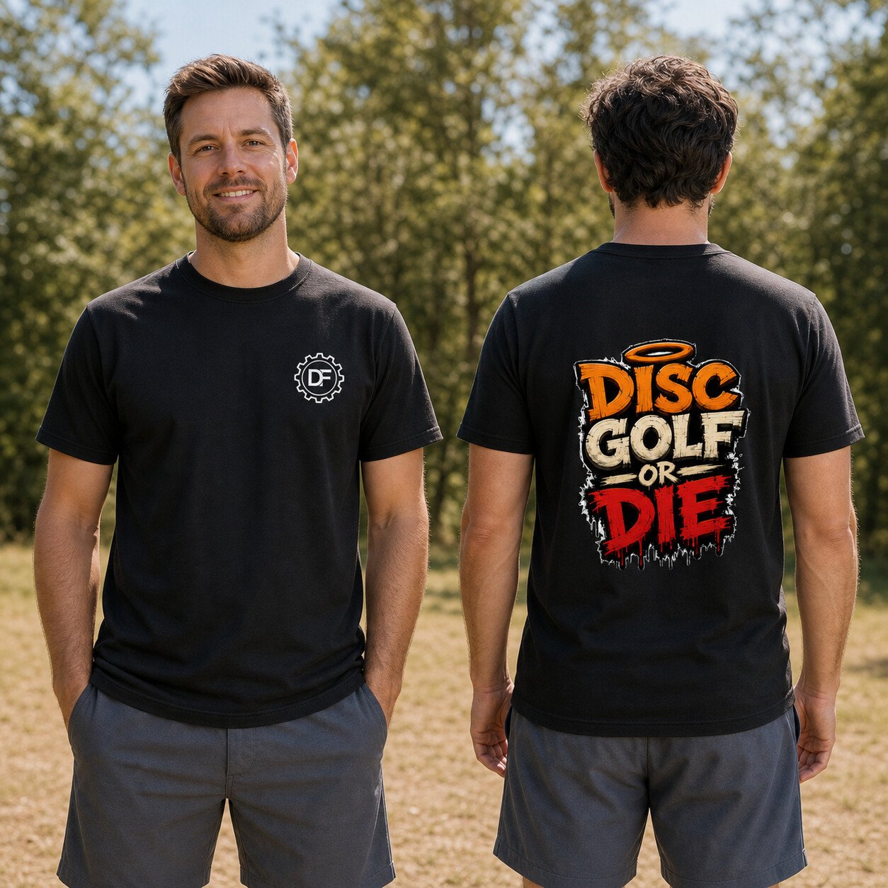 Two adult models wearing the DF Gear and Disc Golf or Die black T-shirt, shown from front and back