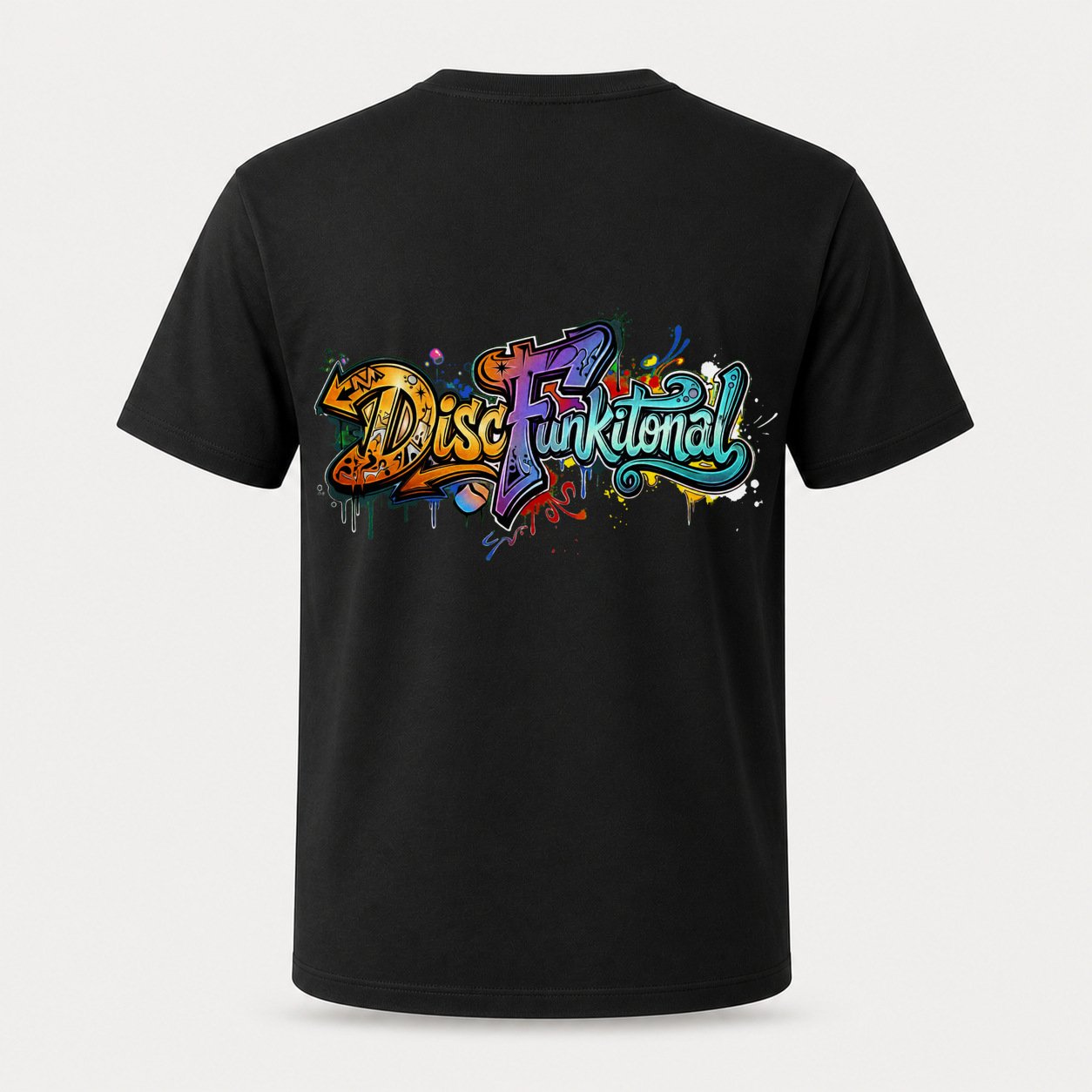 Back of black T-shirt with the multicolor Graffiti DiscFunktional wordmark