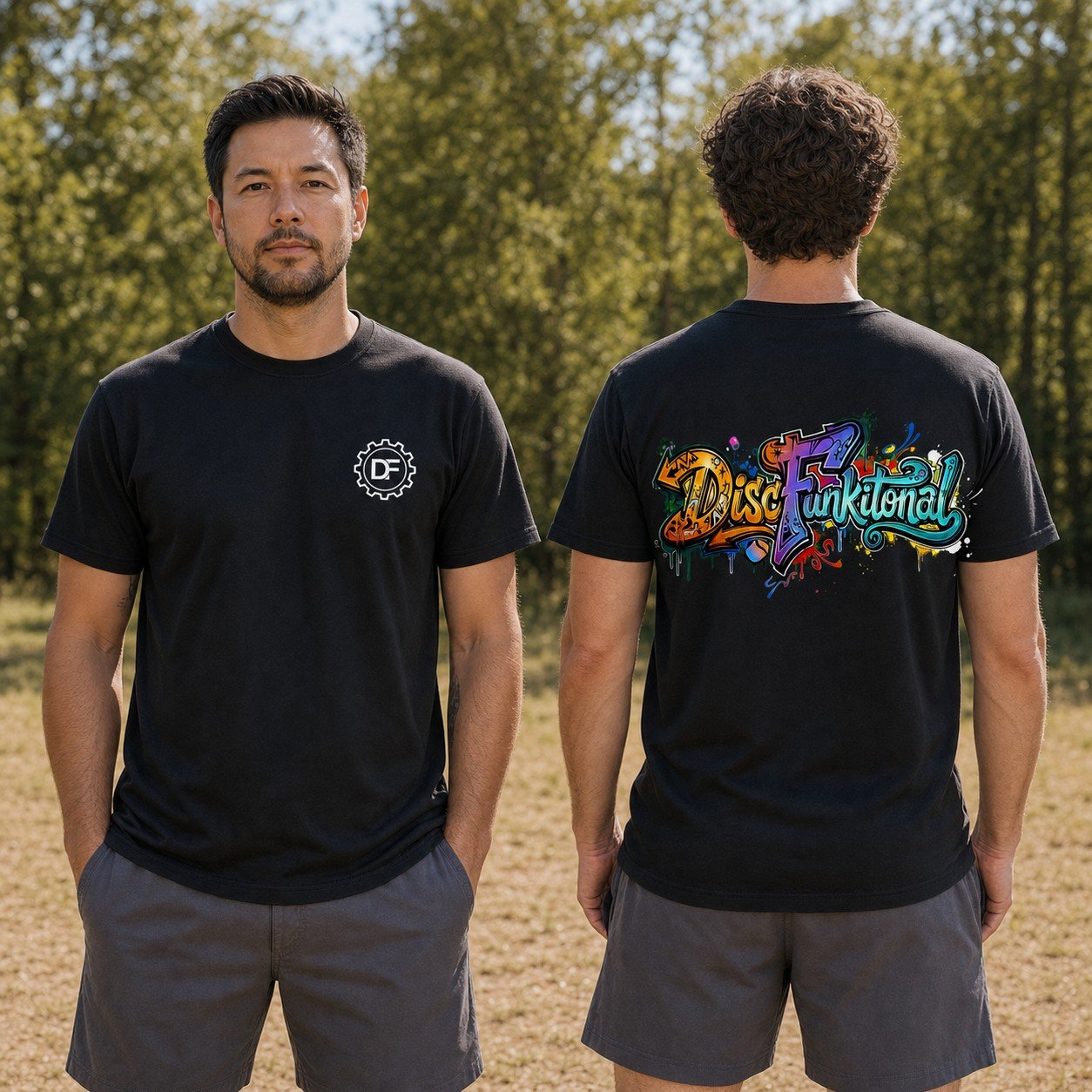 Two adult models wearing the DF Gear and Graffiti DiscFunktional black T-shirt, shown from front and back