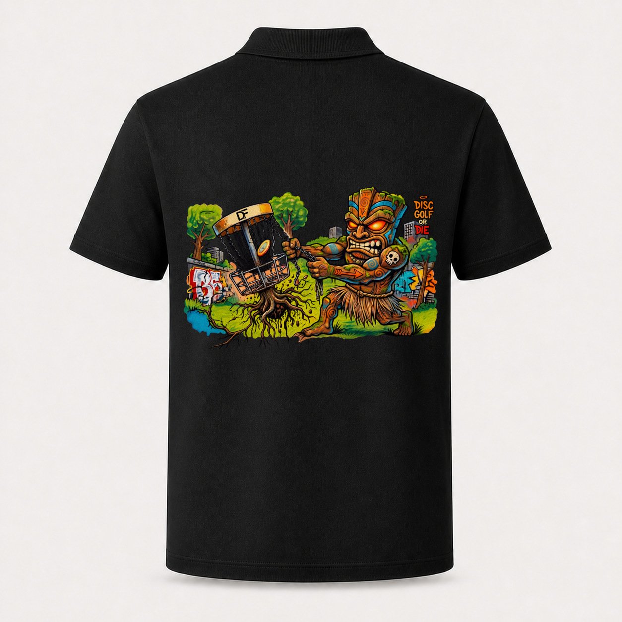 Back of black polo with the colorful DiscFunktional Tiki disc golf scene