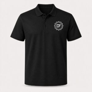 DF Gear and Tiki black disc golf polo, front view