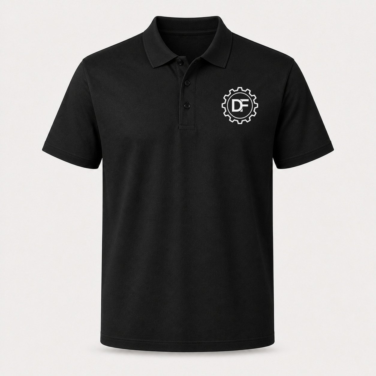 Front of black polo with white DF Gear artwork at the left chest