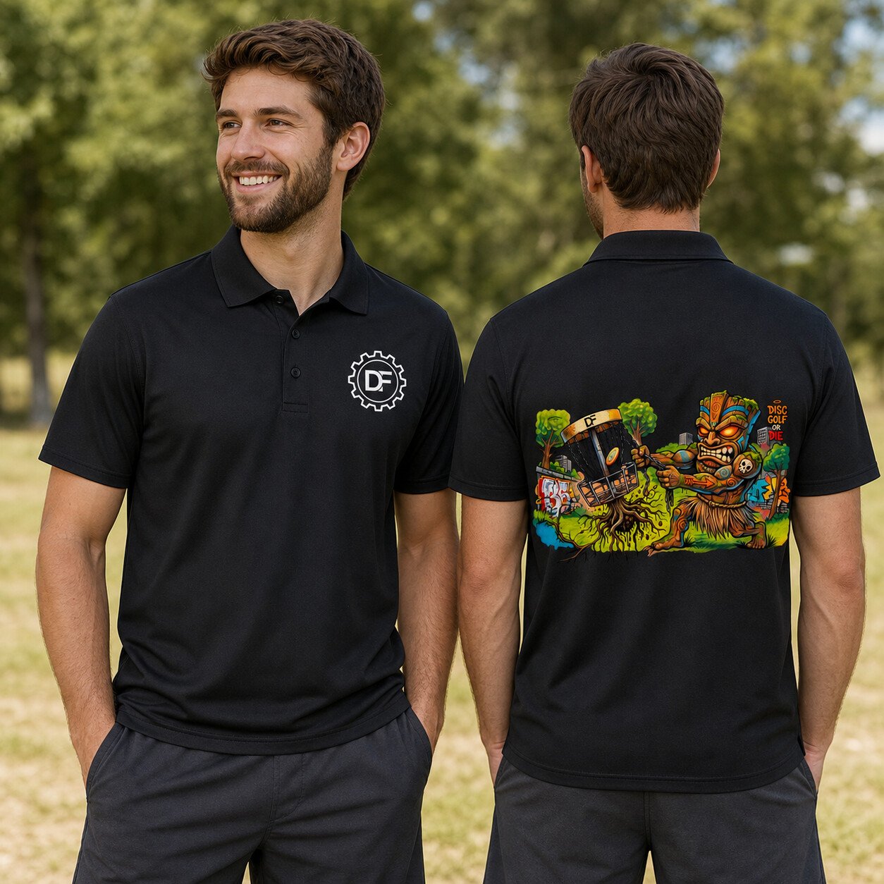Two adult models wearing the DF Gear and Tiki black polo, shown from front and back