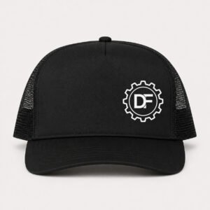 DF Gear black trucker hat, front view