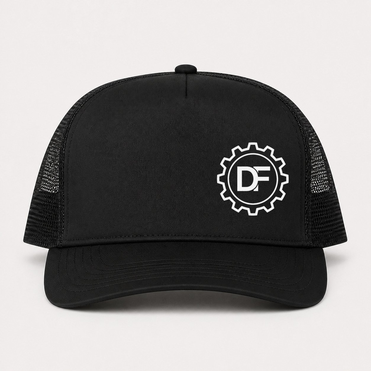 Front of black trucker hat with white DF Gear artwork