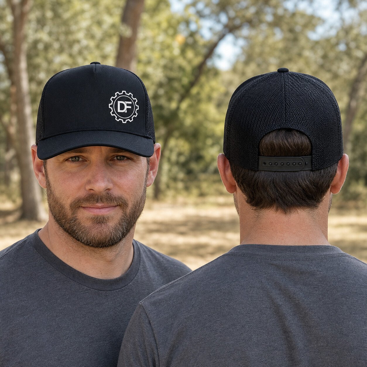 Two adult models wearing the black DF Gear trucker hat, shown from front and back