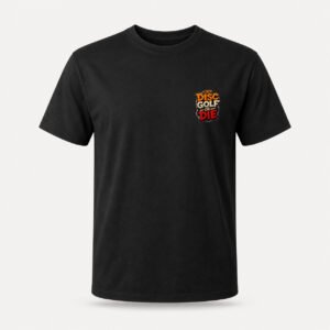 Front of black T-shirt with Disc Golf or Die artwork at the left chest