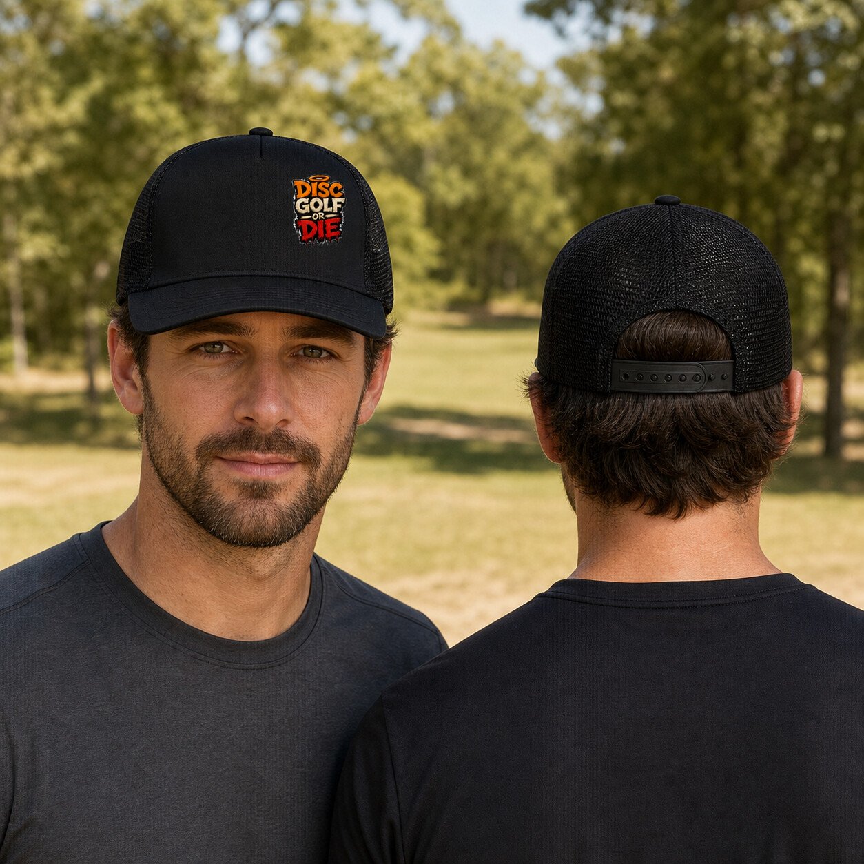 Two adult models wearing the black Disc Golf or Die trucker hat, shown from front and back