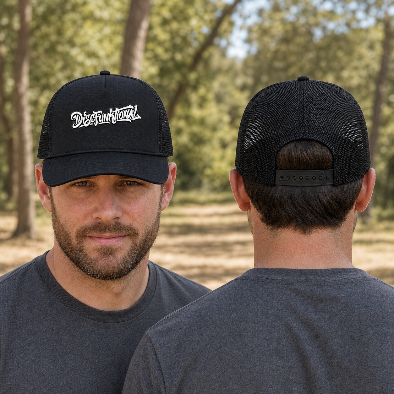 Two adult models wearing the black-and-white DiscFunktional trucker hat, shown from front and back