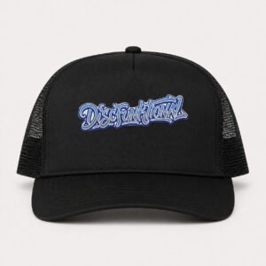 Front of black trucker hat with blue DiscFunktional wordmark artwork