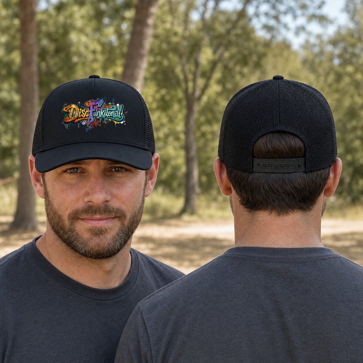 Two adult models wearing the black Graffiti DiscFunktional trucker hat, shown from front and back