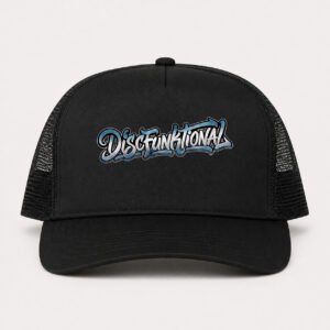 Front of black trucker hat with Icy DiscFunktional wordmark artwork