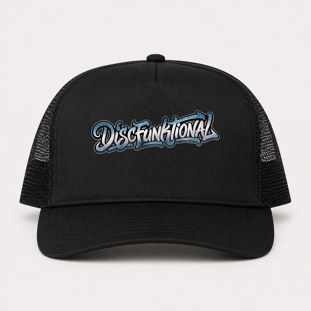 Front of black trucker hat with Icy DiscFunktional wordmark artwork