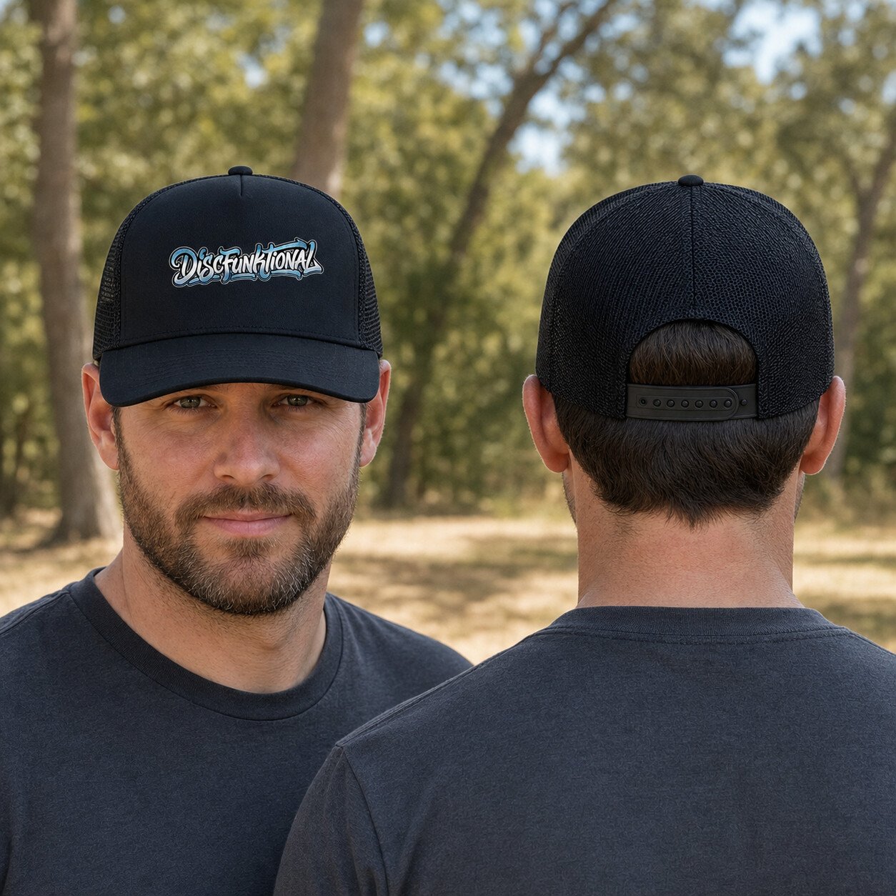 Two adult models wearing the black DiscFunktional Icy logo trucker hat, shown from front and back